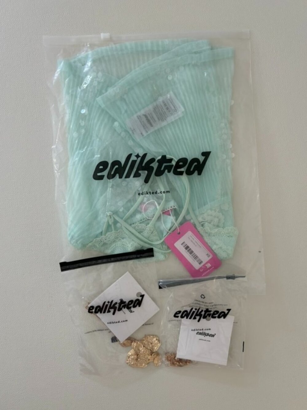 NWT Edikted Sequin Sheer Mesh Babydoll Top Turquoise XS + Gold Accessories